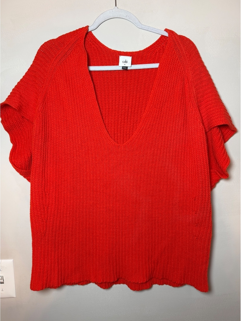 cabi Womens Medium Sweater Red Knit Short Sleeve Cap Sleeve V neck Boho Preppy